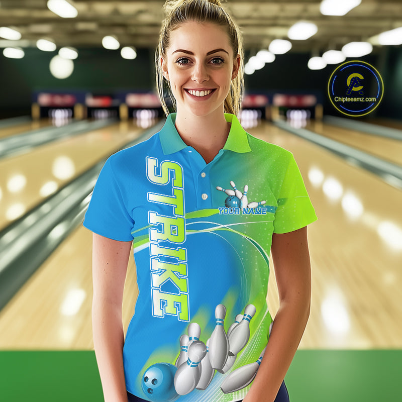 Custom Blue And Green Strike Bowling Polo Shirts For Women, Strike Bowling Team Jersey IPHW9234