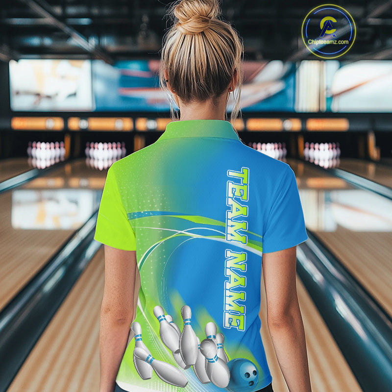 Custom Blue And Green Strike Bowling Polo Shirts For Women, Strike Bowling Team Jersey IPHW9234