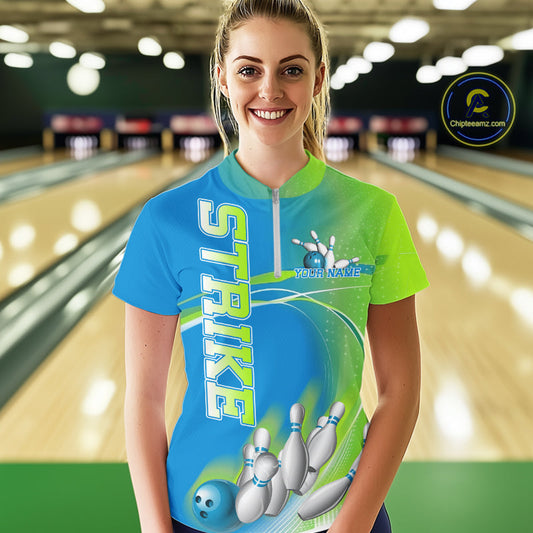 Custom Blue And Green Strike Bowling Quarter-Zip Shirts For Women, Bowling Team Jersey IPHW9234