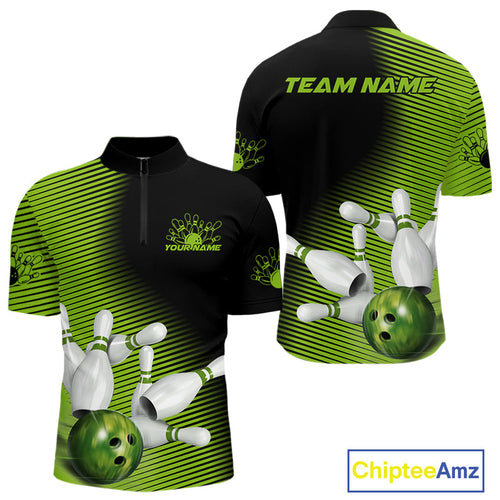 Custom Black And Green Bowling Quarter-Zip Shirts For Men, Green Bowling Jerseys IPHW9400