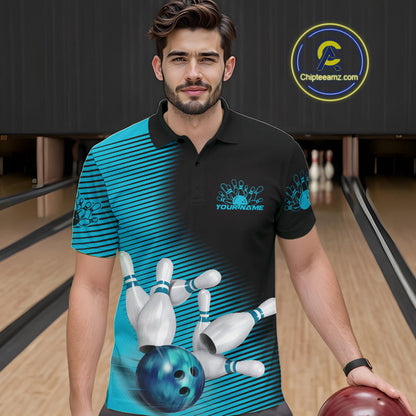 Custom Black And Blue Bowling Polo Shirts For Men, Blue Bowling Jerseys IPHW9401