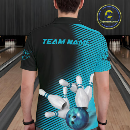 Custom Black And Blue Bowling Polo Shirts For Men, Blue Bowling Jerseys IPHW9401