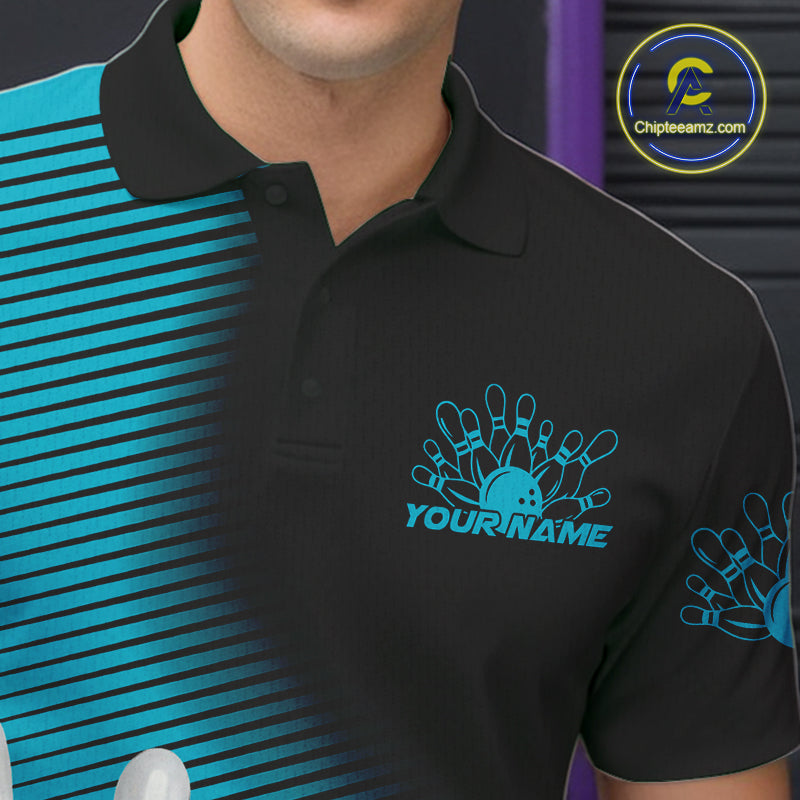 Custom Black And Blue Bowling Polo Shirts For Men, Blue Bowling Jerseys IPHW9401
