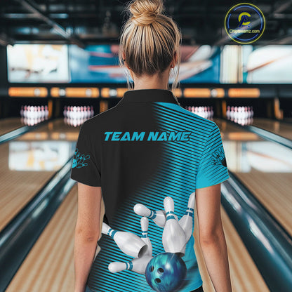 Custom Black And Blue Bowling Polo Shirts For Women, Blue Bowling Jerseys IPHW9401