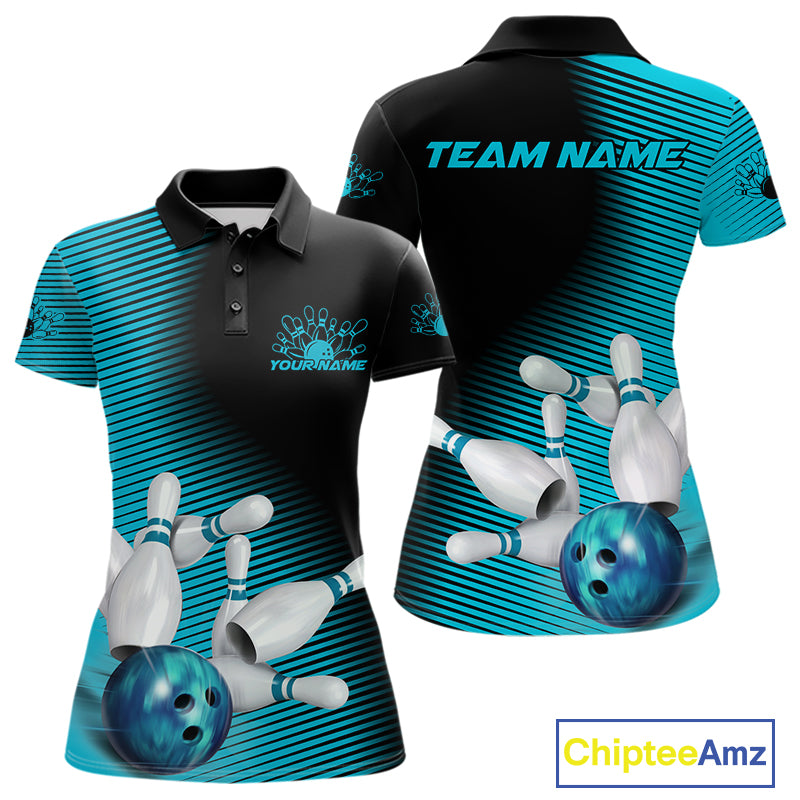 Custom Black And Blue Bowling Polo Shirts For Women, Blue Bowling Jerseys IPHW9401