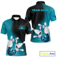 Load image into Gallery viewer, Custom Black And Blue Bowling Polo Shirts For Men, Blue Bowling Jerseys IPHW9401