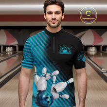 Load image into Gallery viewer, Custom Black And Blue Bowling Quarter-Zip Shirts For Men, Blue Bowling Jerseys IPHW9401