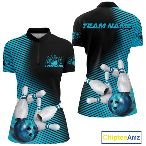 Custom Black And Blue Bowling Quarter-Zip Shirts For Women, Blue Bowling Jerseys IPHW9401