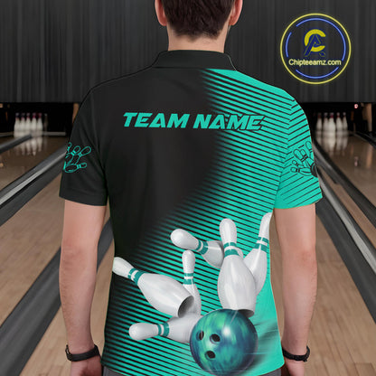 Custom Black And Ball Blue Bowling Polo Shirts For Men, Blue Bowling Jerseys IPHW9402