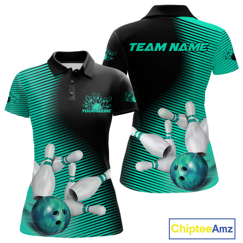 Custom Black And Ball Blue Bowling Polo Shirts For Women, Blue Bowling Jerseys IPHW9402