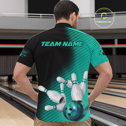 Custom Black And Ball Blue Bowling Quarter-Zip Shirts For Men, Blue Bowling Jerseys IPHW9402