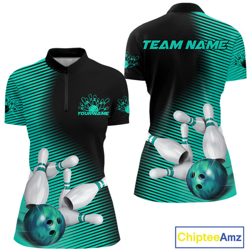Custom Black And Ball Blue Bowling Quarter-Zip Shirts For Women, Blue Bowling Jerseys IPHW9402