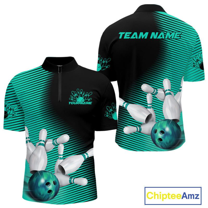 Custom Black And Ball Blue Bowling Quarter-Zip Shirts For Men, Blue Bowling Jerseys IPHW9402