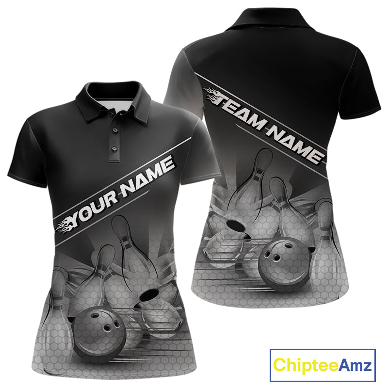 Custom Black And White Bowling Tournament Polo Shirts For Women, Bowling Team Shirt IPHW9405