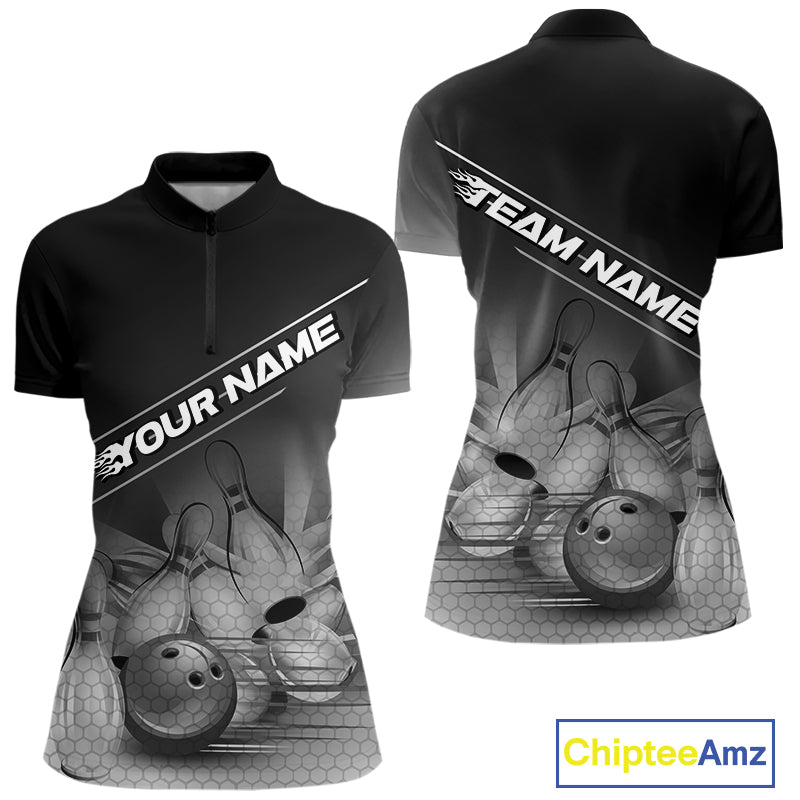 Custom Black And White Bowling Tournament Women Quarter-Zip Shirts, Bowling Team Shirt IPHW9405