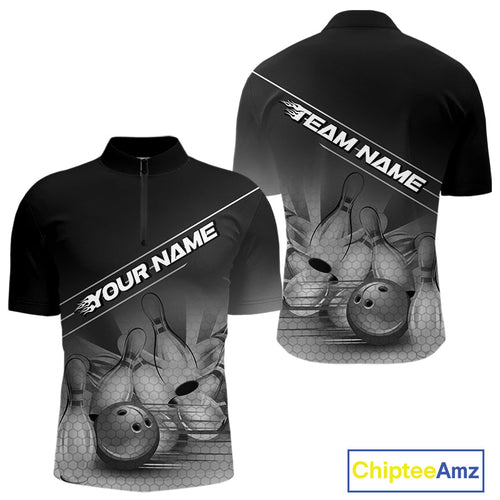 Custom Black And White Bowling Tournament Quarter-Zip Shirts For Men, Bowling Team Shirt IPHW9405