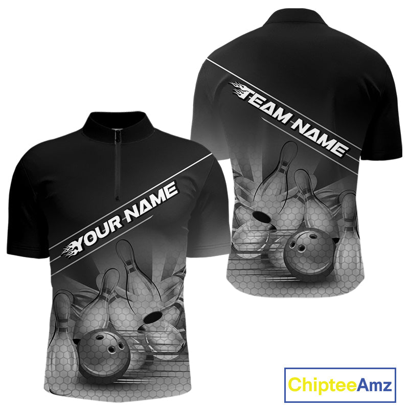 Custom Black And White Bowling Tournament Quarter-Zip Shirts For Men, Bowling Team Shirt IPHW9405