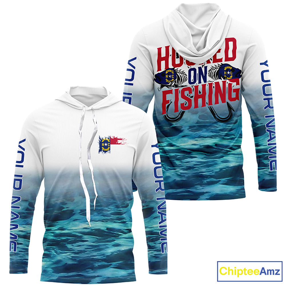 Personalized North Carolina Flag Long Sleeve Fishing Shirts, Hooked On Fishing Nc Fishing Shirt IPHW7033