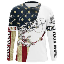 Load image into Gallery viewer, Personalized American Flag Fish Skull Fishing Shirts, Patriotic Long Sleeve Fishing Shirts IPHW7036