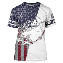 Load image into Gallery viewer, Personalized American Flag Fish Skull Fishing Shirts, Patriotic Long Sleeve Fishing Shirts IPHW7037