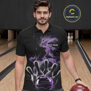 Custom Purple Smoke Bowling Polo Team Shirts For Men, Flame Bowling League Shirt IPHW9563