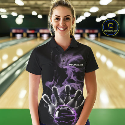 Custom Purple Smoke Bowling Polo Team Shirts For Women, Flame Bowling League Shirt IPHW9563