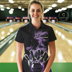 Custom Purple Smoke Bowling Polo Team Shirts For Women, Flame Bowling League Shirt IPHW9563