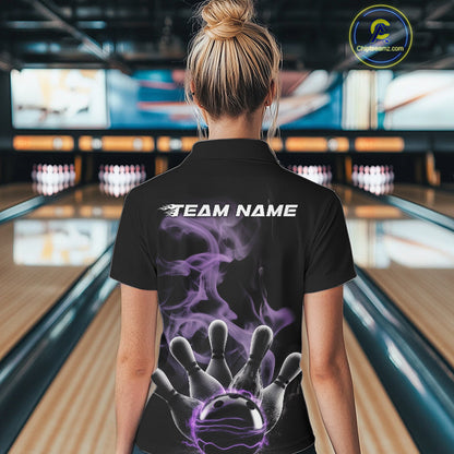 Custom Purple Smoke Bowling Polo Team Shirts For Women, Flame Bowling League Shirt IPHW9563