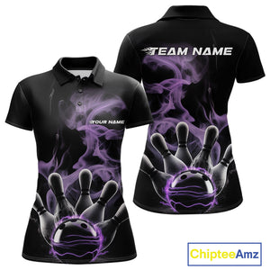 Custom Purple Smoke Bowling Polo Team Shirts For Women, Flame Bowling League Shirt IPHW9563