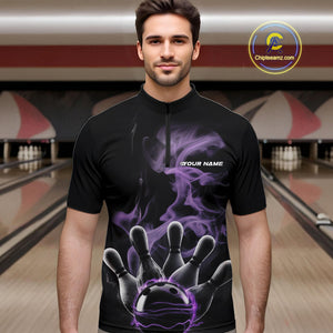Custom Purple Smoke Bowling Quarter-Zip Team Shirts For Men, Flame Bowling League Shirt IPHW9563