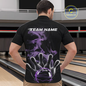 Custom Purple Smoke Bowling Quarter-Zip Team Shirts For Men, Flame Bowling League Shirt IPHW9563
