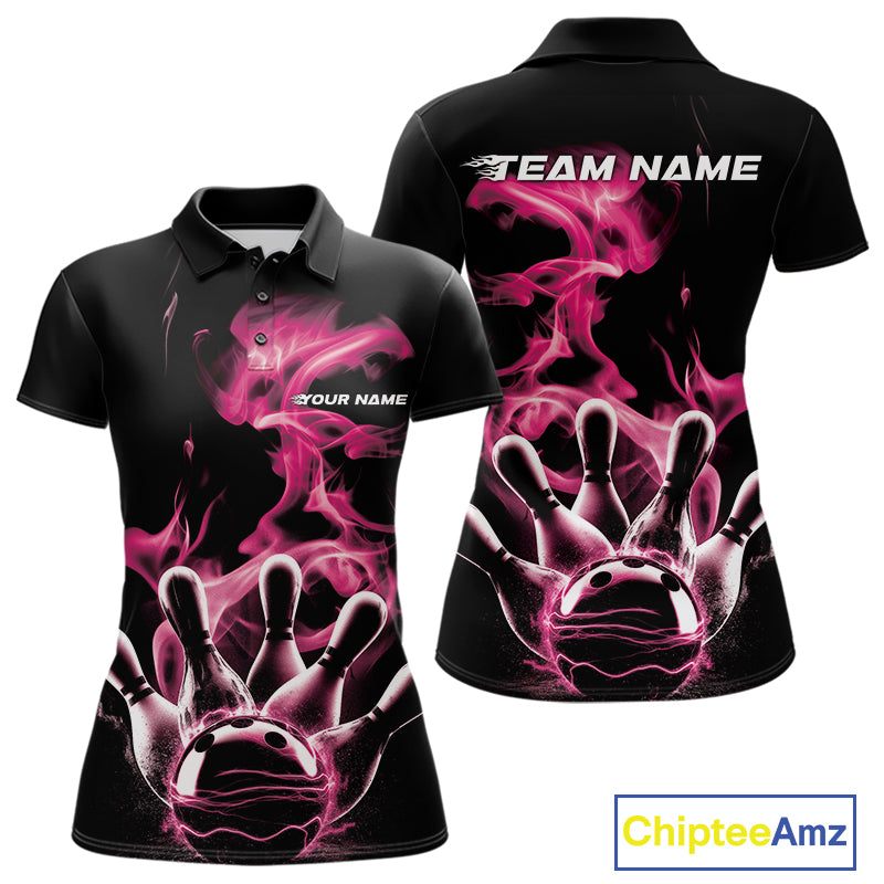 Custom Pink Smoke Bowling Polo Team Shirts For Women, Flame Bowling League Shirt IPHW9564