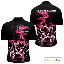 Load image into Gallery viewer, Custom Pink Smoke Bowling Quarter-Zip Team Shirts For Men, Flame Bowling League Shirt IPHW9564