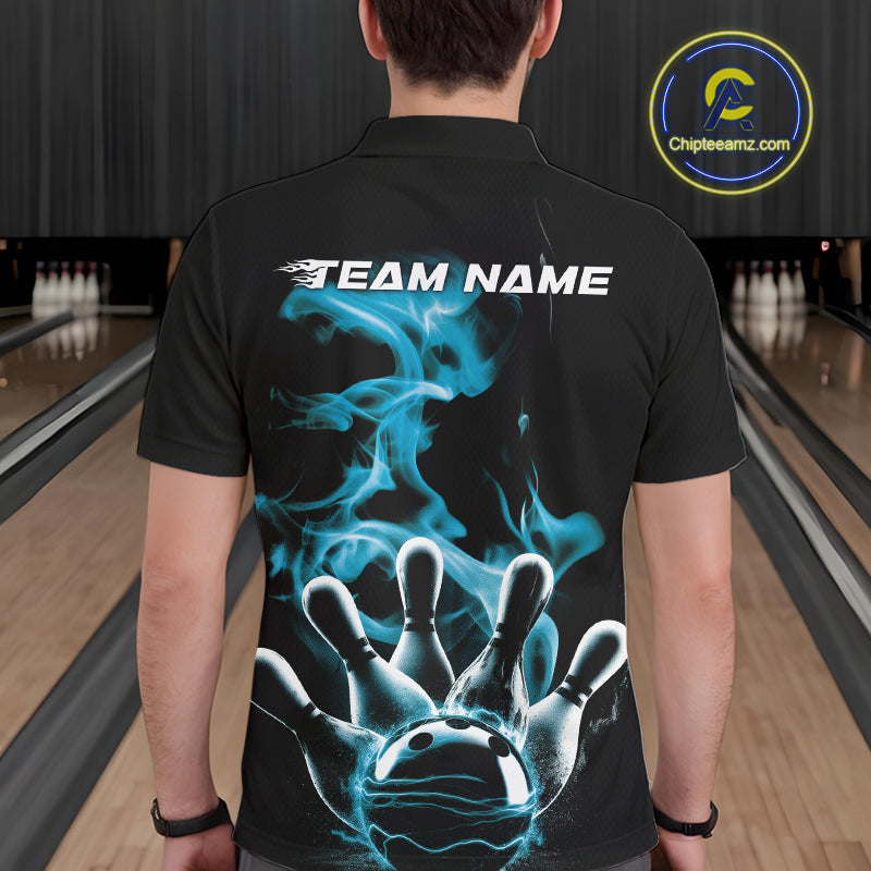 Custom Blue Smoke Bowling Polo Team Shirts For Men, Flame Bowling League Shirt IPHW9565