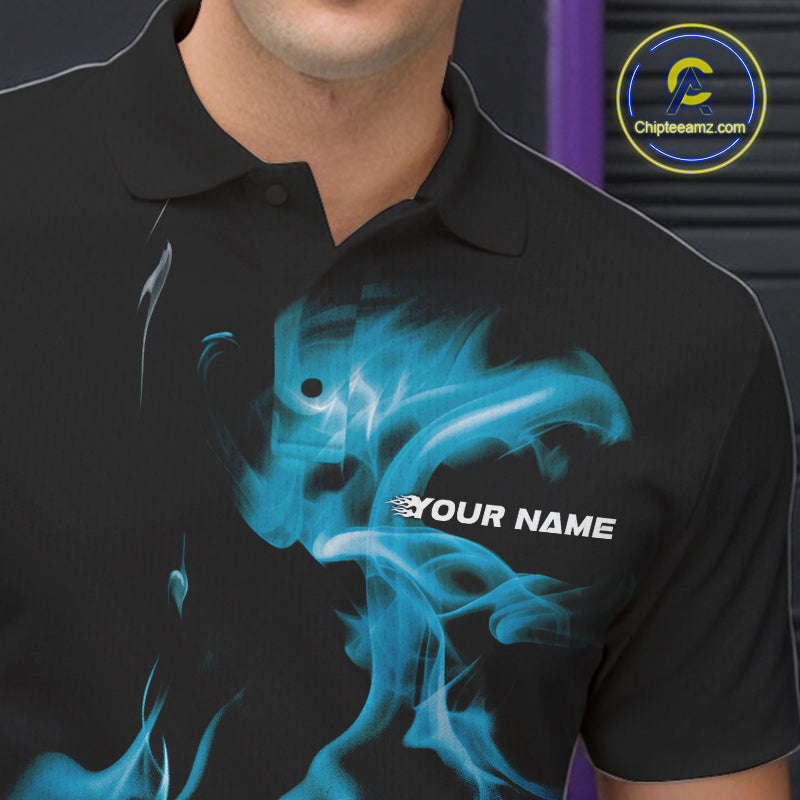 Custom Blue Smoke Bowling Polo Team Shirts For Men, Flame Bowling League Shirt IPHW9565