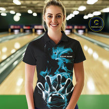 Load image into Gallery viewer, Custom Blue Smoke Bowling Polo Team Shirts For Women, Flame Bowling League Shirt IPHW9565