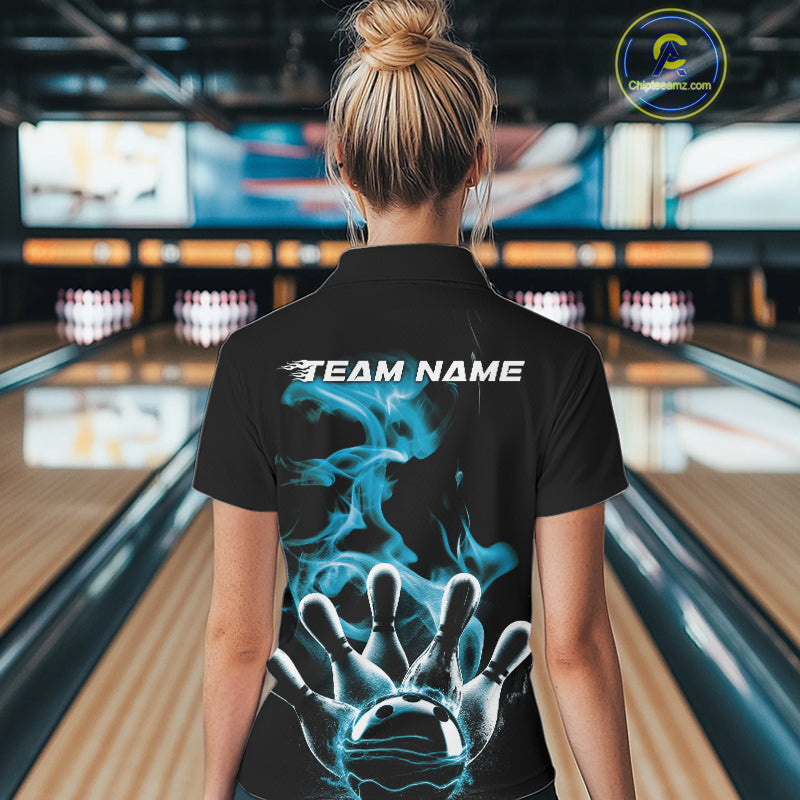 Custom Blue Smoke Bowling Polo Team Shirts For Women, Flame Bowling League Shirt IPHW9565