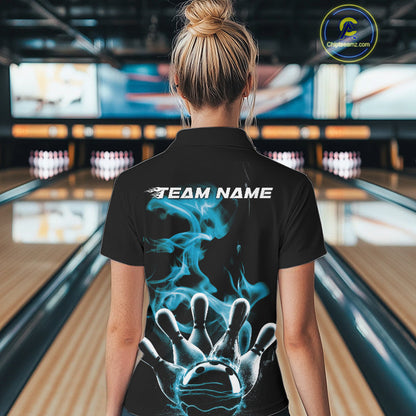 Custom Blue Smoke Bowling Polo Team Shirts For Women, Flame Bowling League Shirt IPHW9565