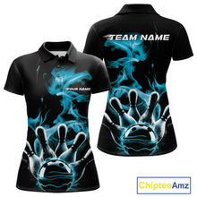 Load image into Gallery viewer, Custom Blue Smoke Bowling Polo Team Shirts For Women, Flame Bowling League Shirt IPHW9565