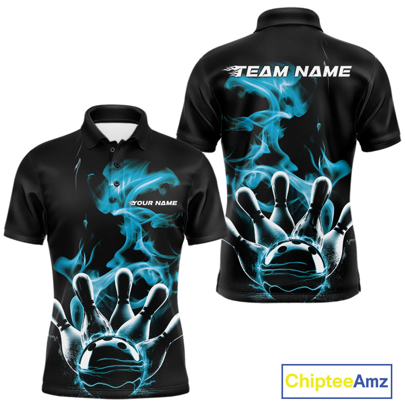Custom Blue Smoke Bowling Polo Team Shirts For Men, Flame Bowling League Shirt IPHW9565
