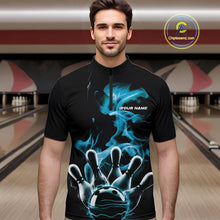 Load image into Gallery viewer, Custom Blue Smoke Bowling Quarter-Zip Team Shirts For Men, Flame Bowling League Shirt IPHW9565