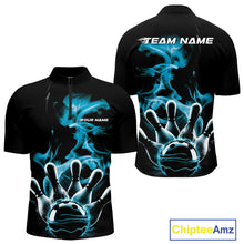 Load image into Gallery viewer, Custom Blue Smoke Bowling Quarter-Zip Team Shirts For Men, Flame Bowling League Shirt IPHW9565