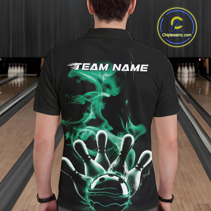 Custom Green Smoke Bowling Polo Team Shirts For Men, Flame Bowling League Shirt IPHW9566