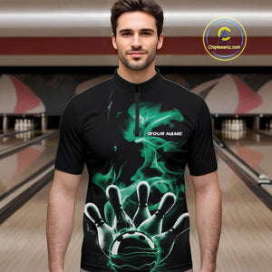 Custom Green Smoke Bowling Quarter-Zip Team Shirts For Men, Flame Bowling League Shirt IPHW9566