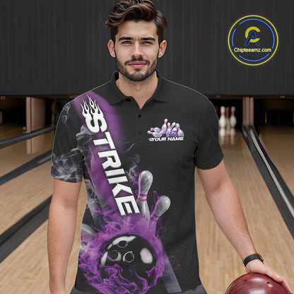 Custom Purple Flame Strike Bowling Team Polo Shirts For Men, Fire Bowling Jerseys IPHW9571