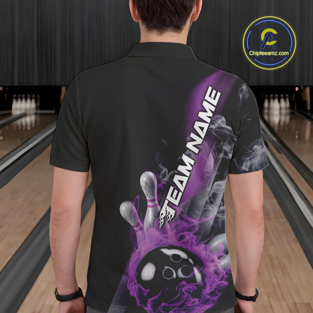 Custom Purple Flame Strike Bowling Team Polo Shirts For Men, Fire Bowling Jerseys IPHW9571