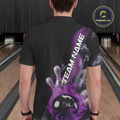 Custom Purple Flame Strike Bowling Team Polo Shirts For Men, Fire Bowling Jerseys IPHW9571