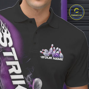Custom Purple Flame Strike Bowling Team Polo Shirts For Men, Fire Bowling Jerseys IPHW9571