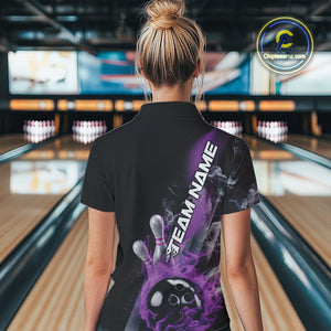 Custom Purple Flame Strike Bowling Team Polo Shirts For Women, Fire Bowling Jerseys IPHW9571