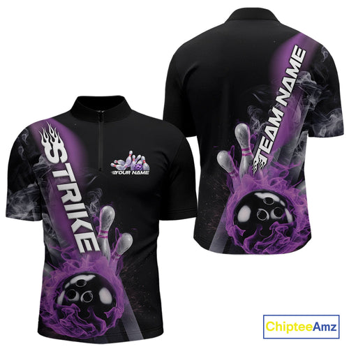 Custom Purple Flame Strike Bowling Team Quarter-Zip Shirts For Men, Fire Bowling Jerseys IPHW9571